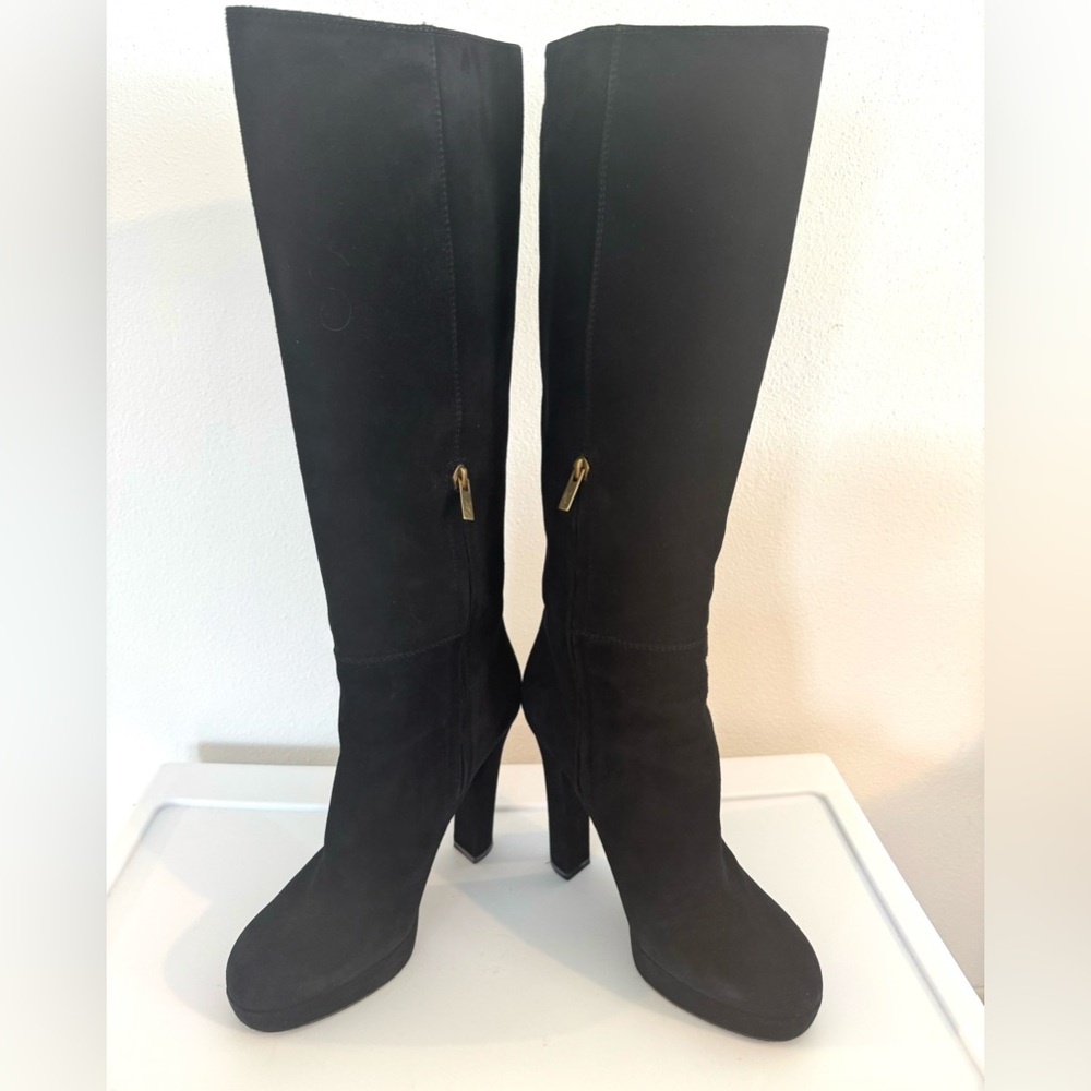 Yves Saint Laurent Black Suede  Knee High  Platform Boots  Size 10 1/2